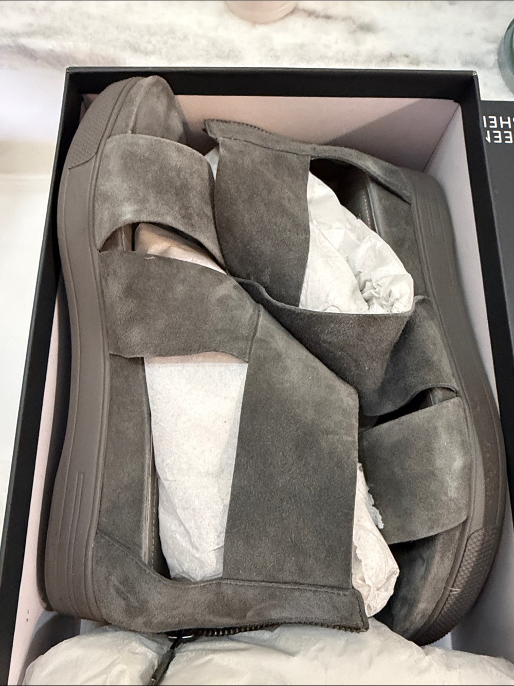 Eileen Fisher Gray Suede Crossover Platform Sandals